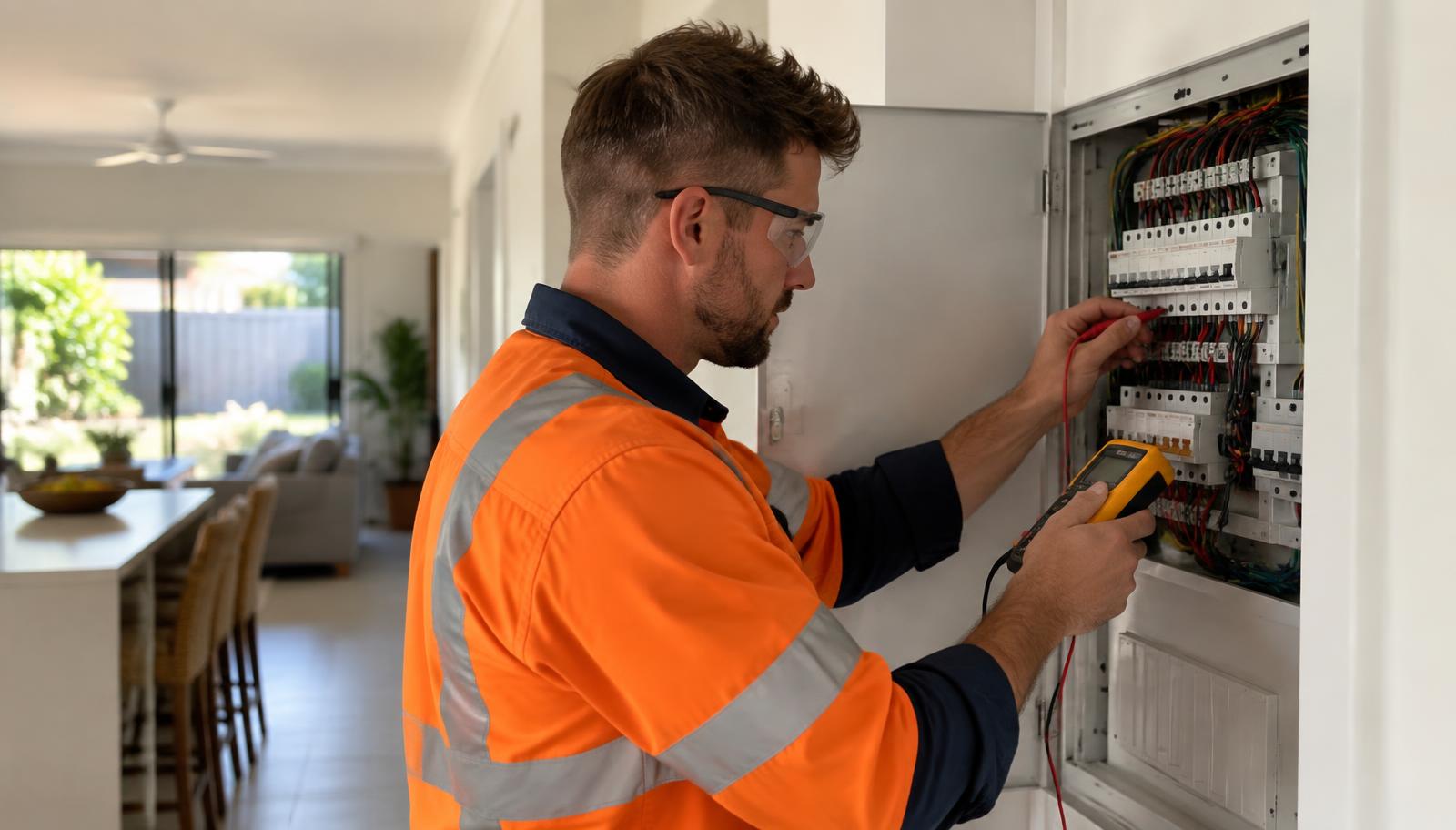 Licensed electrician testing a residential switchboard